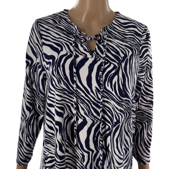 Jude Connally Lace Up Tie Neck Blue Zebra Striped White Top - Picture 2 of 8